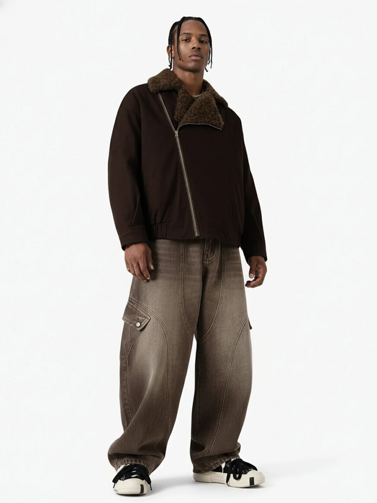 Street Punk Oblique Zipper Lambswool Collar Quilted Jacket - Image 3