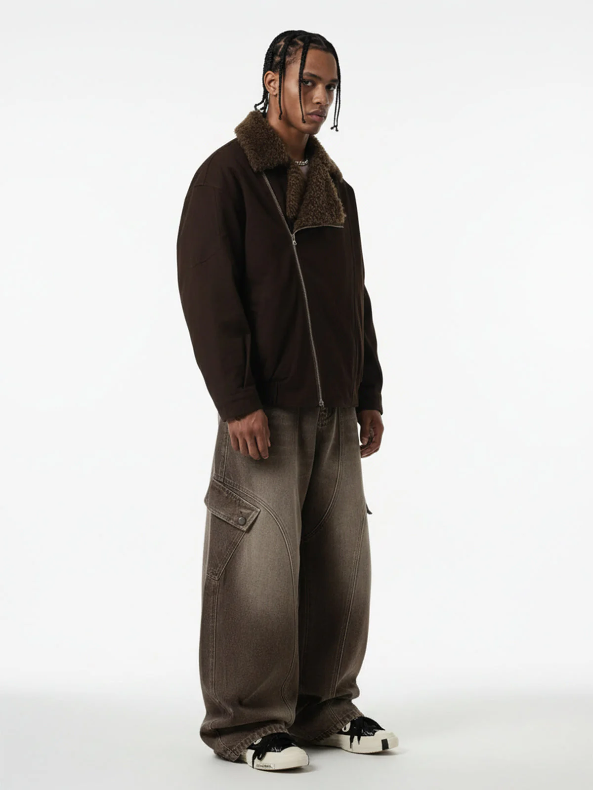 Street Punk Oblique Zipper Lambswool Collar Quilted Jacket - Image 4