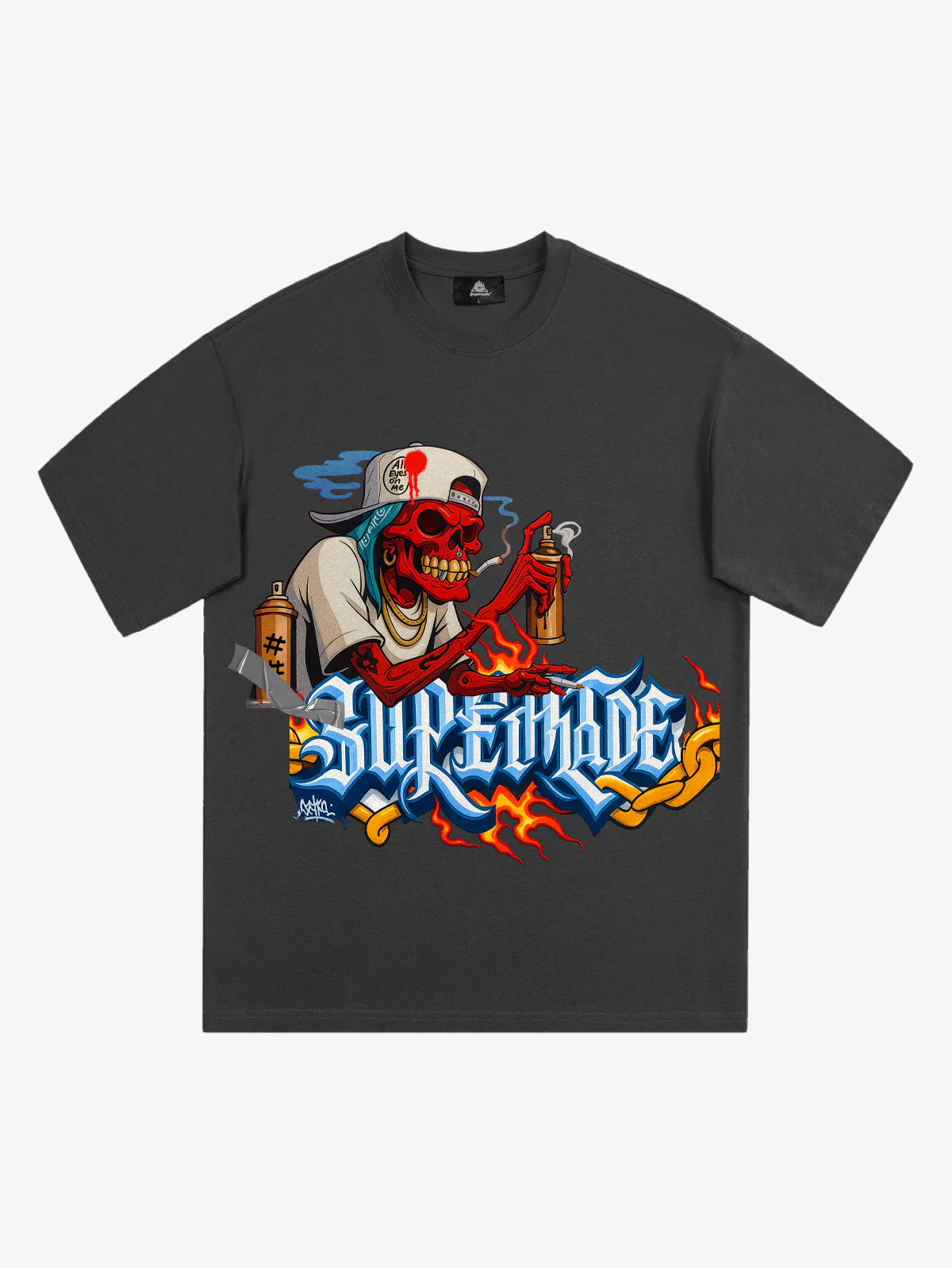Street Skull Graffiti Artist Flame Flower Font T-Shirt - Image 3
