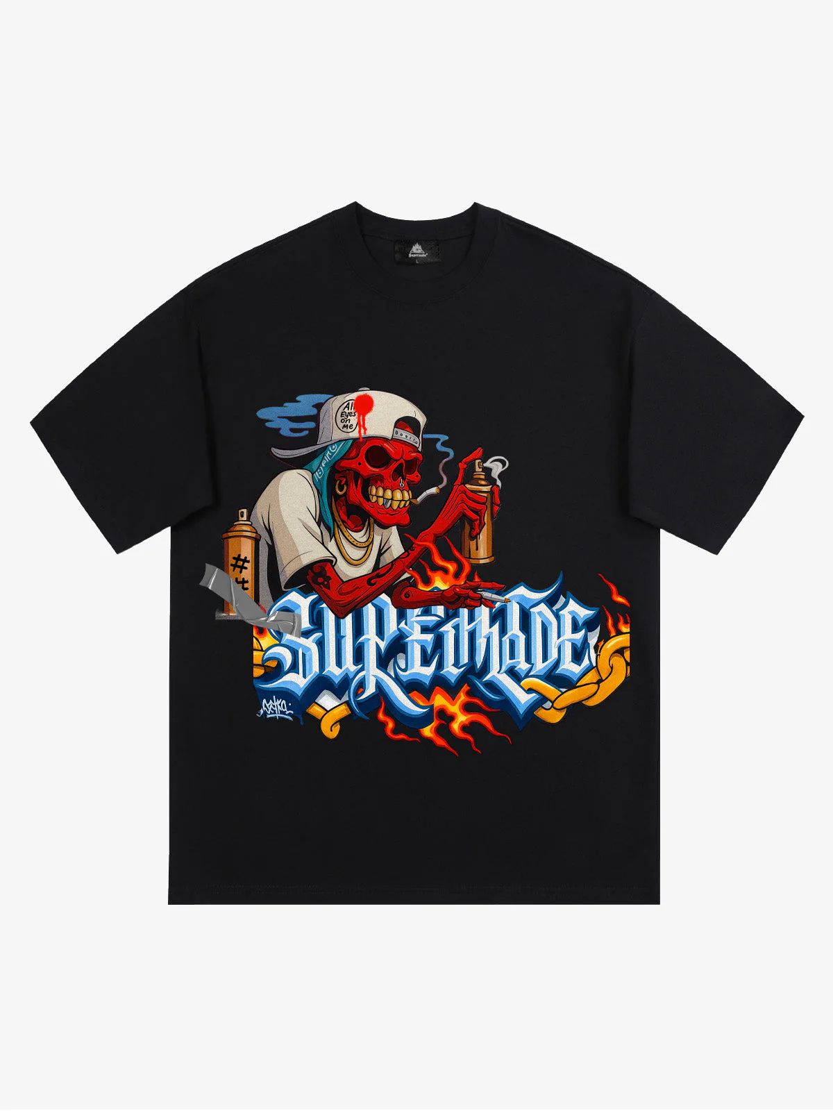Street Skull Graffiti Artist Flame Flower Font T-Shirt - Image 4