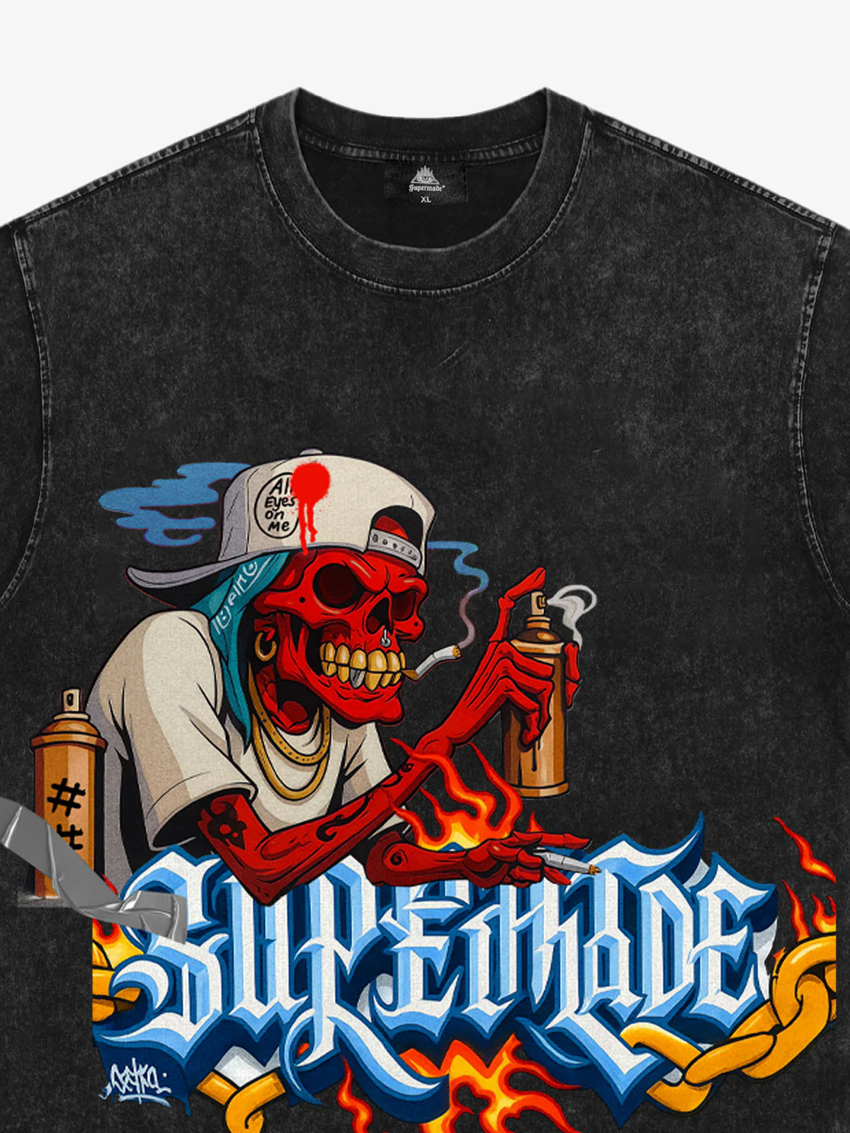 Street Skull Graffiti Artist Flame Flower Font T-Shirt - Image 9
