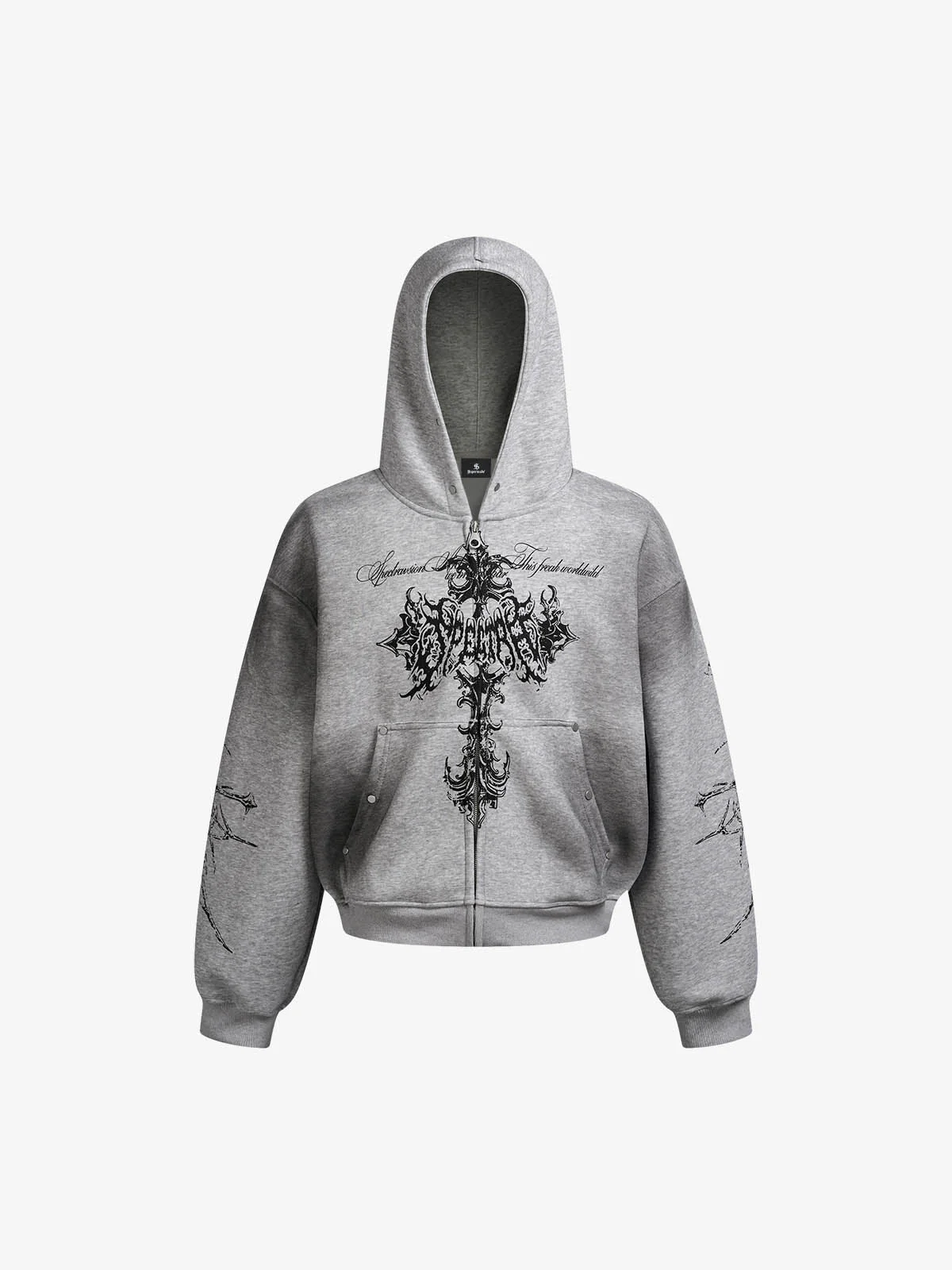 Street Wasteland Washed Cross Print Zip Up Hoodie - 2561