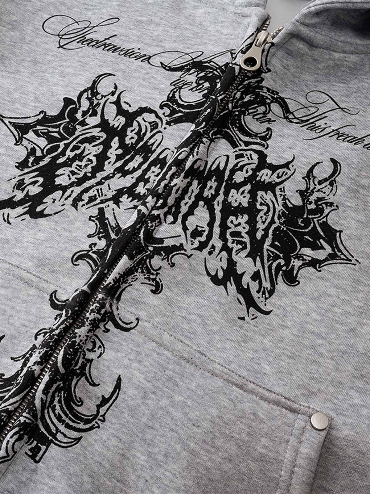 Street Wasteland Washed Cross Print Zip Up Hoodie - 2561 - Image 10