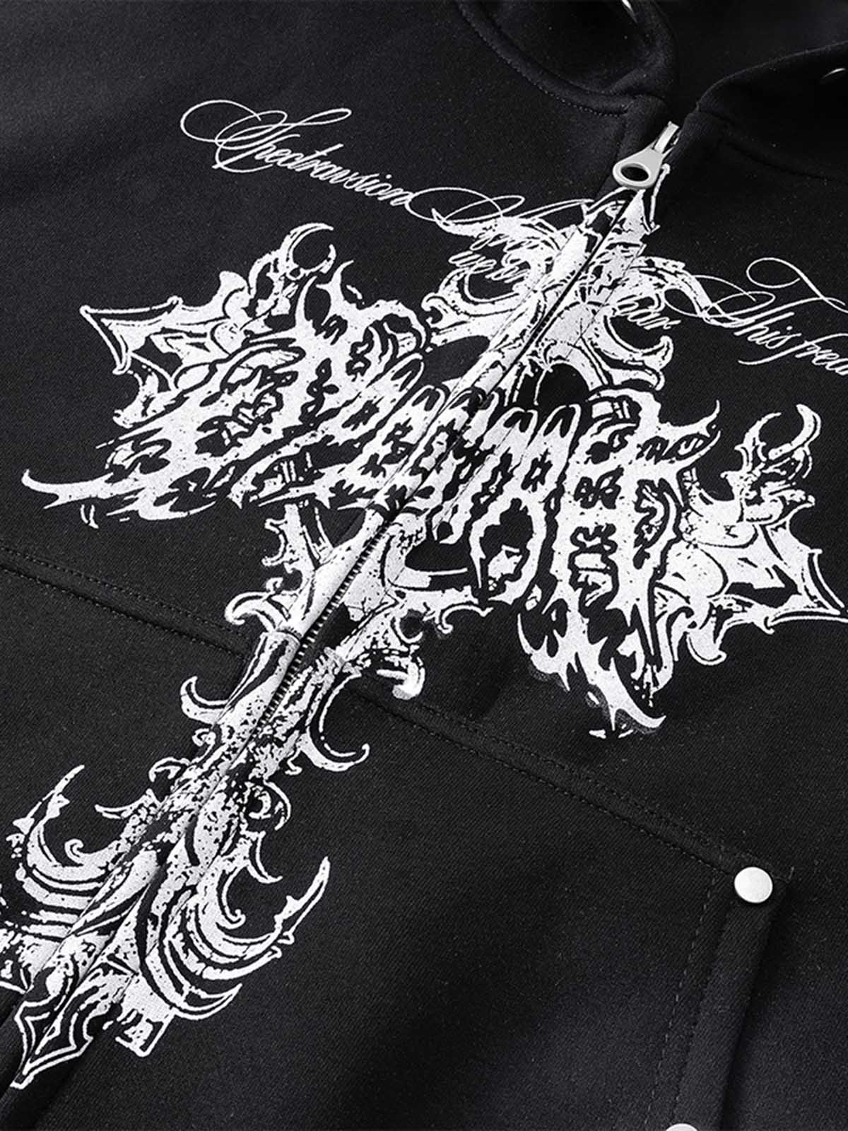 Street Wasteland Washed Cross Print Zip Up Hoodie - 2561 - Image 13