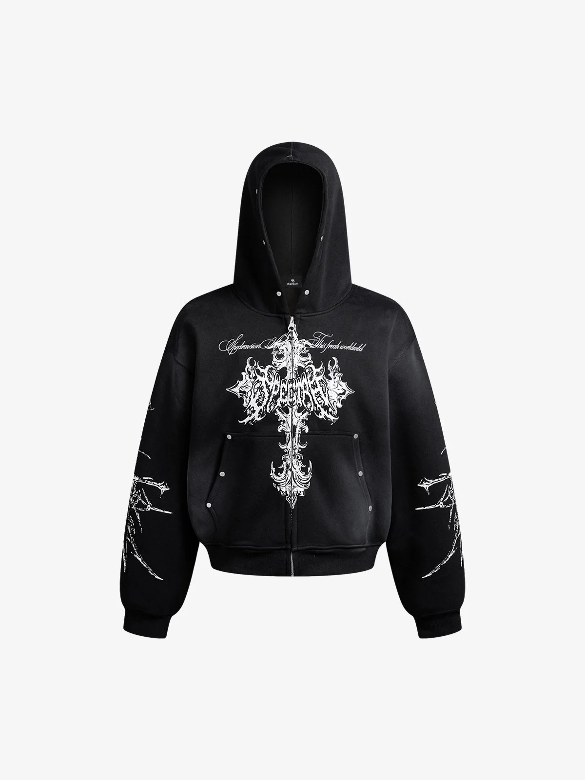 Street Wasteland Washed Cross Print Zip Up Hoodie - 2561 - Image 2