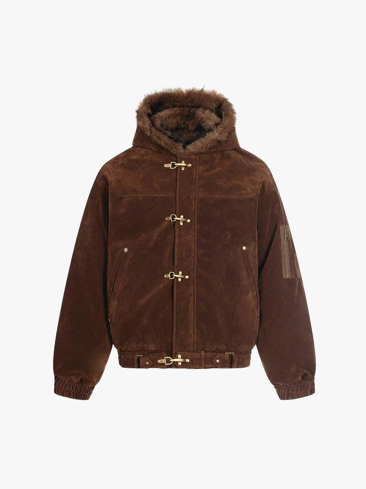 Streetwear Metal Clip Faux Fur Hooded Suede Bomber Jacket - 2597 - Image 2