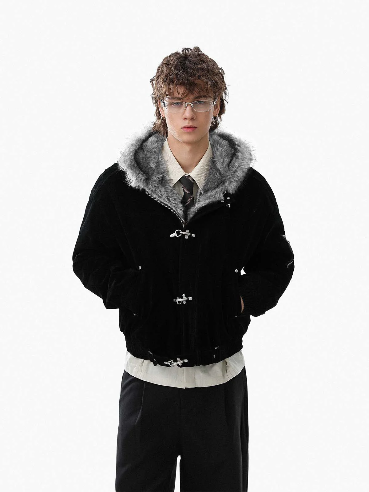 Streetwear Metal Clip Faux Fur Hooded Suede Bomber Jacket - 2597 - Image 3