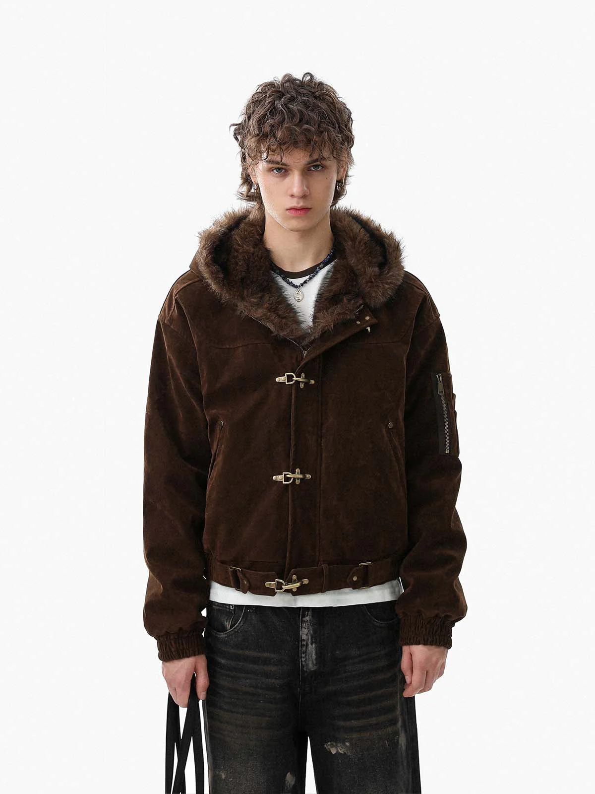 Streetwear Metal Clip Faux Fur Hooded Suede Bomber Jacket - 2597 - Image 4