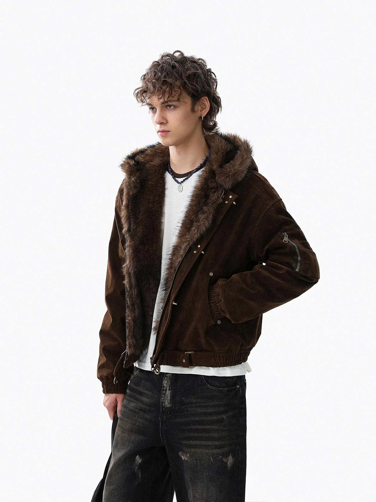 Streetwear Metal Clip Faux Fur Hooded Suede Bomber Jacket - 2597 - Image 5