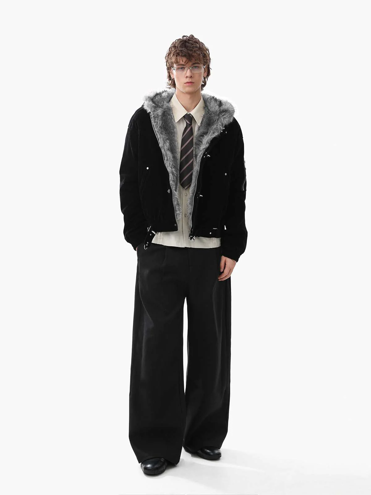 Streetwear Metal Clip Faux Fur Hooded Suede Bomber Jacket - 2597 - Image 6