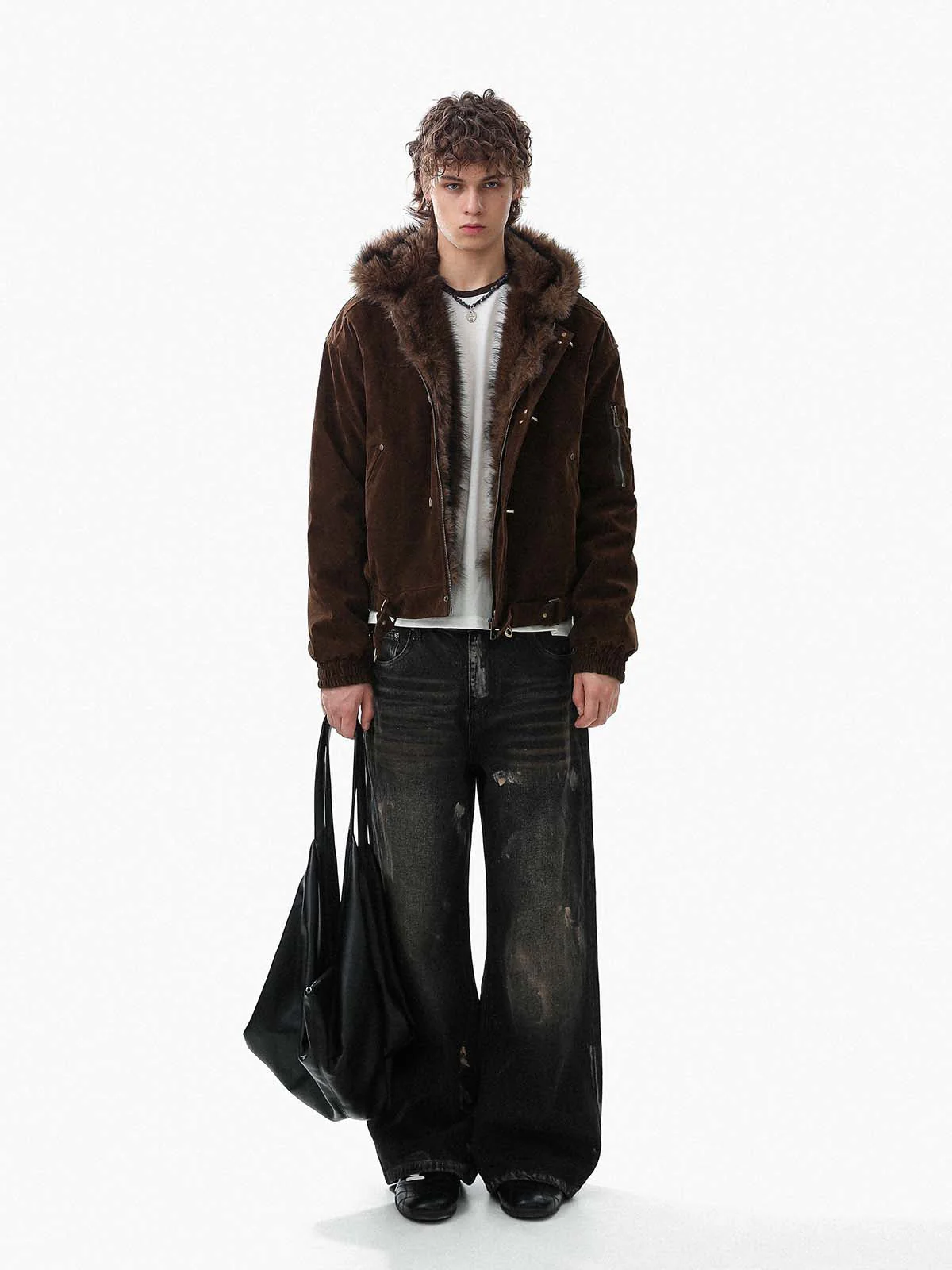 Streetwear Metal Clip Faux Fur Hooded Suede Bomber Jacket - 2597 - Image 7
