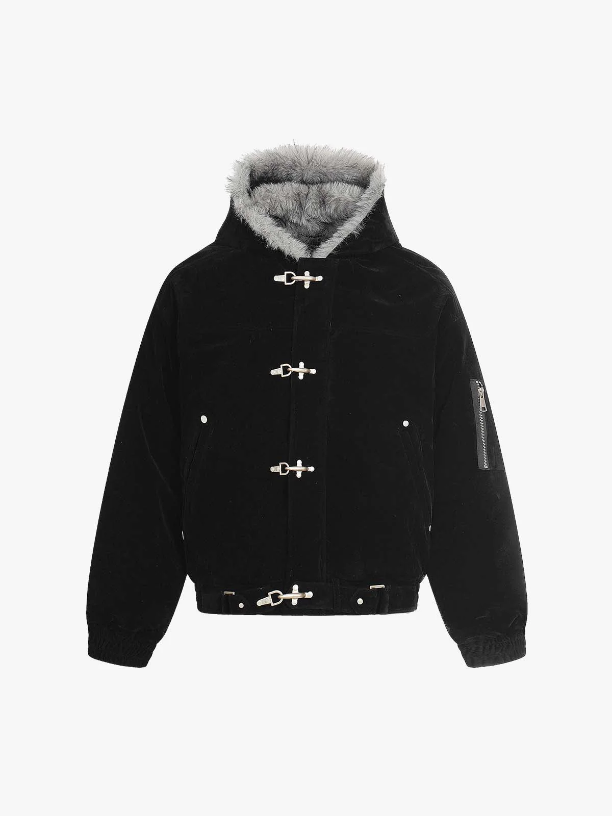 Streetwear Metal Clip Faux Fur Hooded Suede Bomber Jacket - 2597 - Image 8