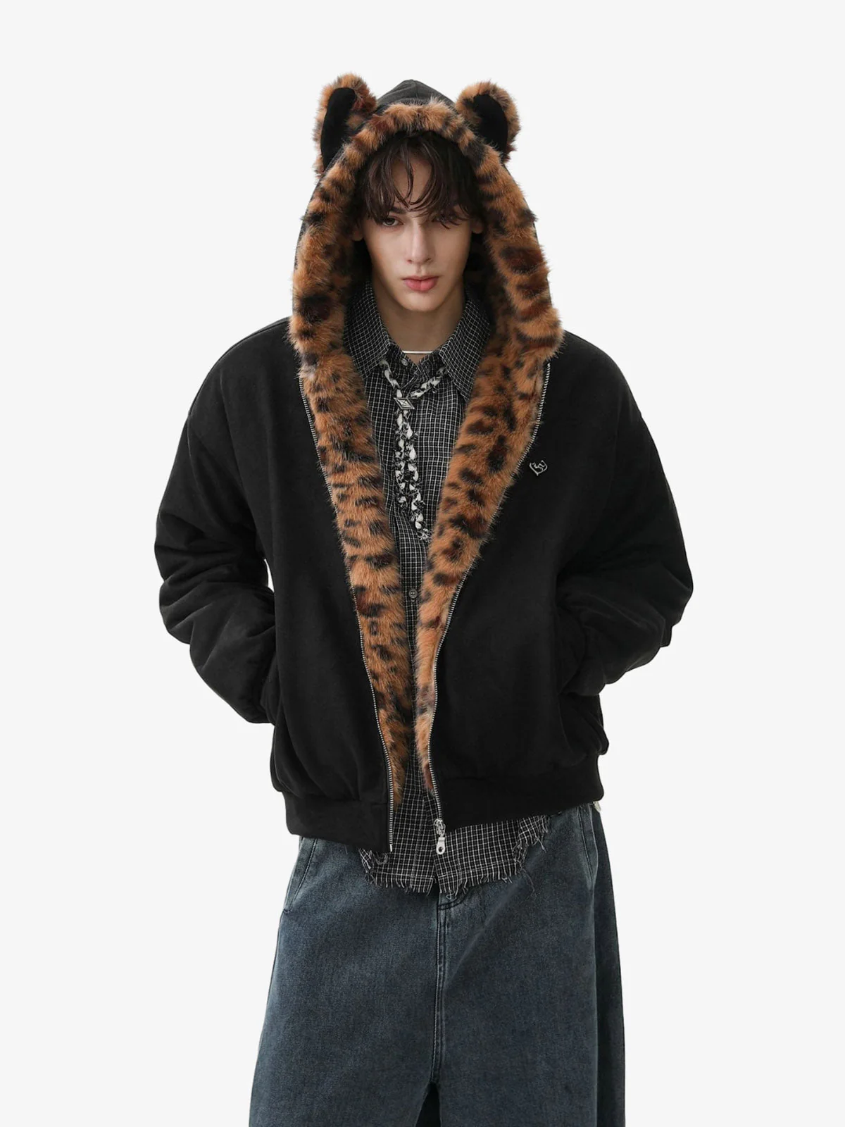 Tiger Print With Ears Hooded Fur Jacket - Image 3