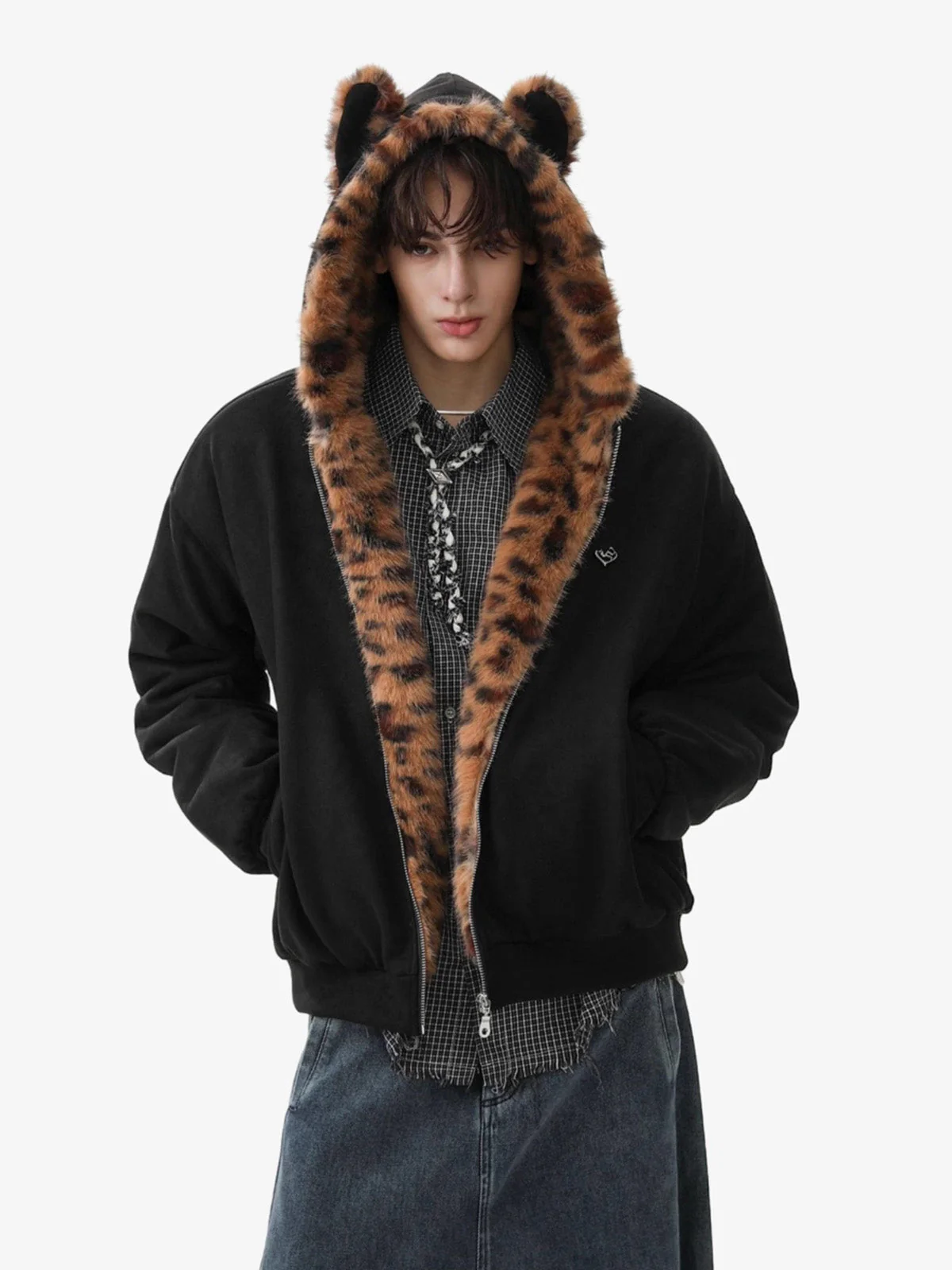 Tiger Print With Ears Hooded Fur Jacket - Image 4