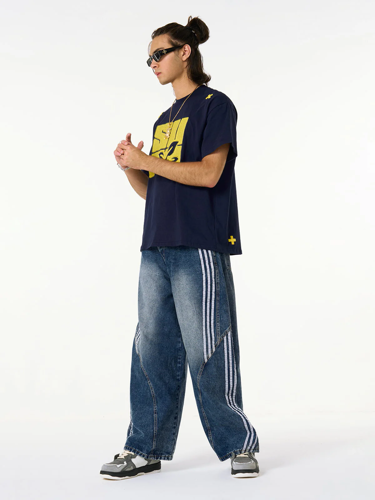 Denim Contrast Striped Stitching Barrel Jeans - 2504 - Image 4