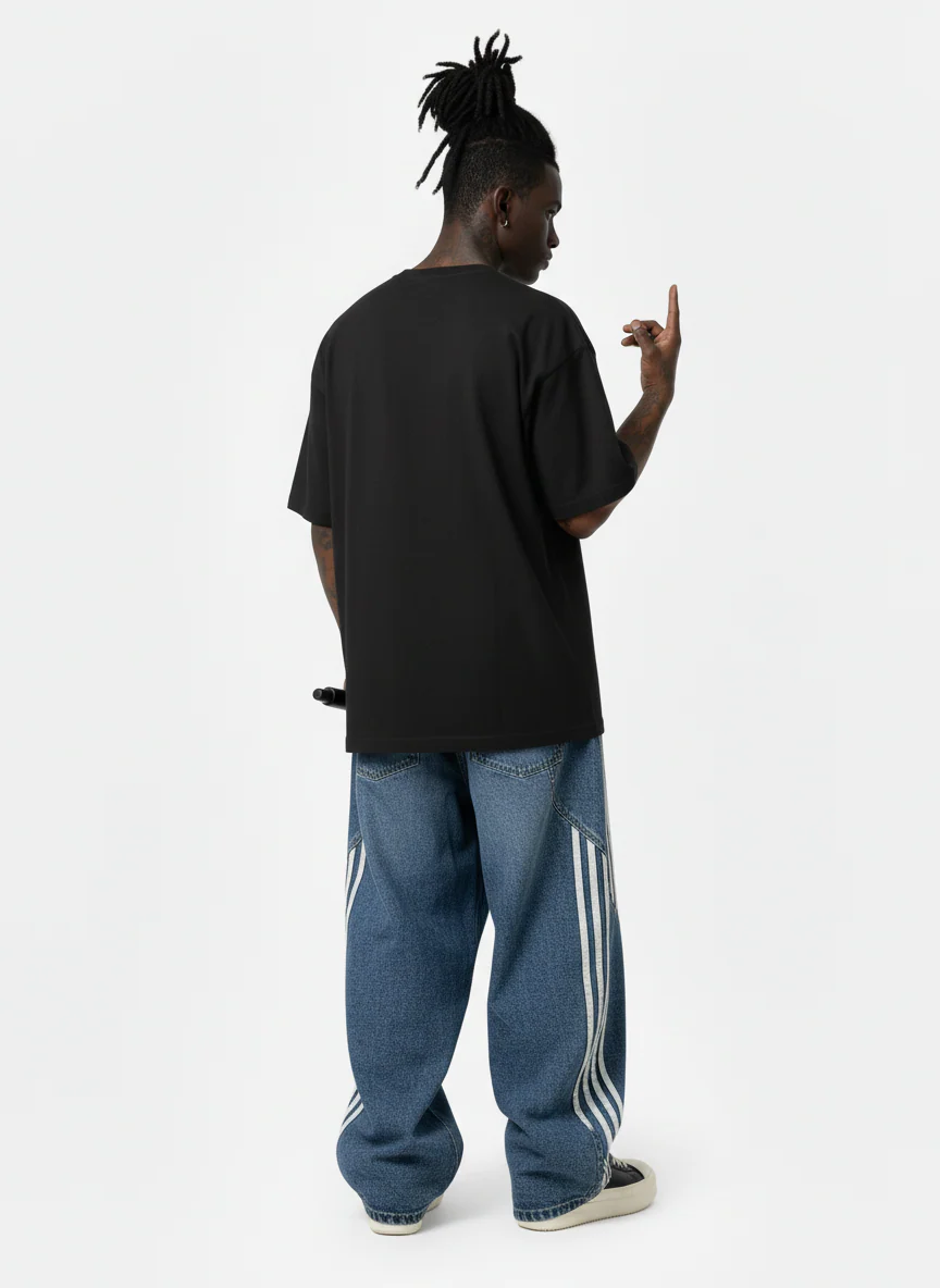 Denim Contrast Striped Stitching Barrel Jeans - 2504 - Image 5