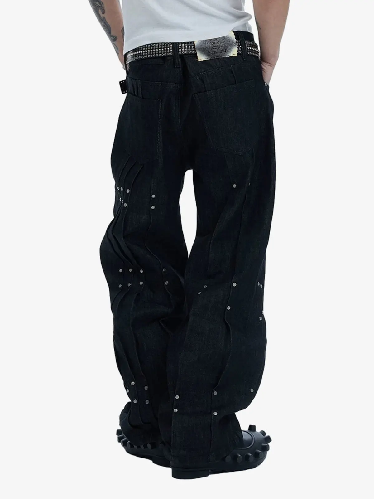 Studded Pleat Wide Leg Denim Jeans - Image 3