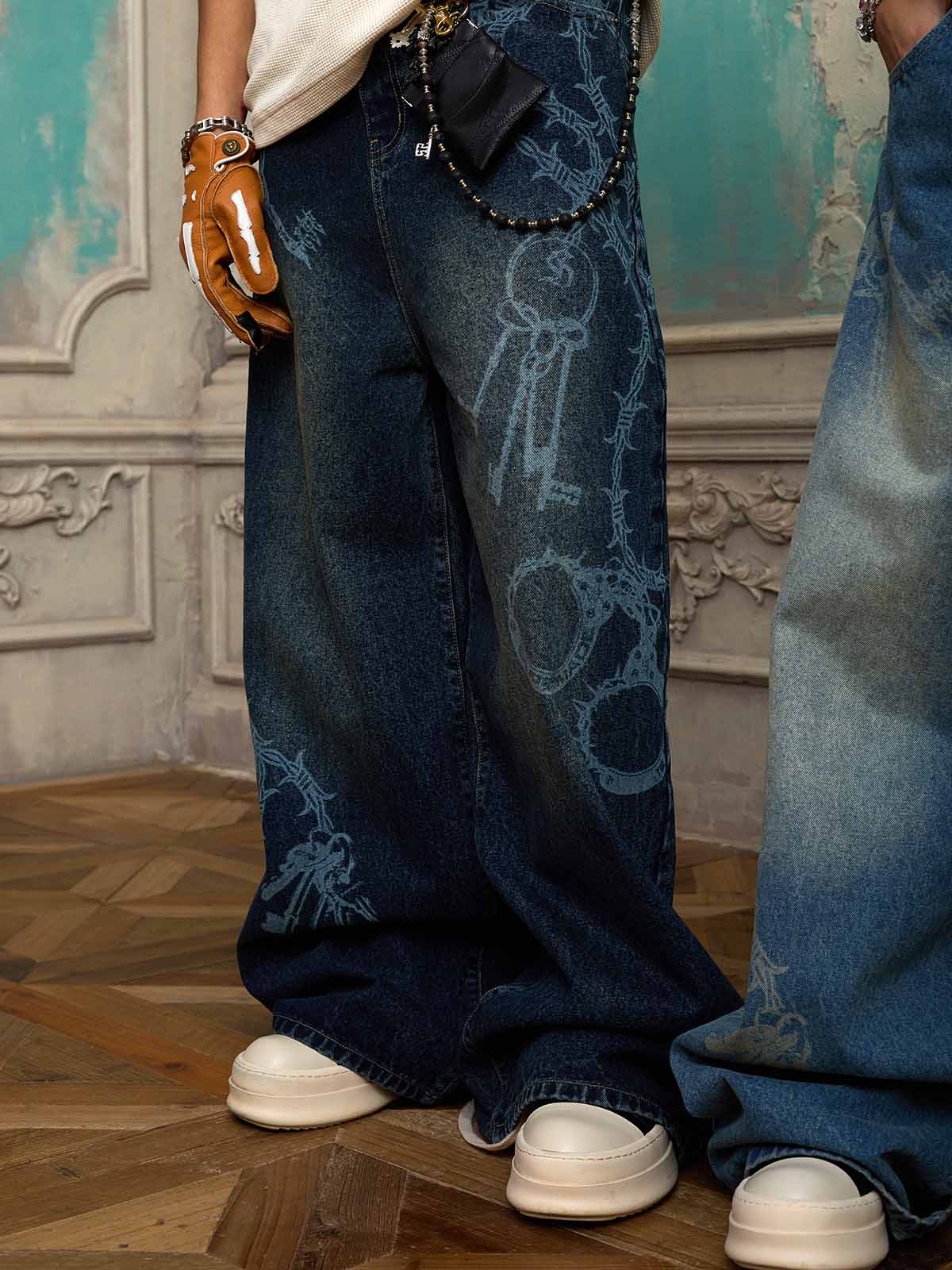 Original Retro Thorn and Key Pattern Laser-Burnout Baggy Jeans - 2595 - Image 4