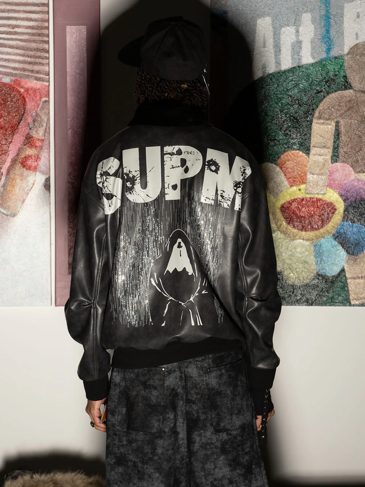 SUPM Fur Collar Rhinestone Pattern Leather Jacket - 2557 - Image 9