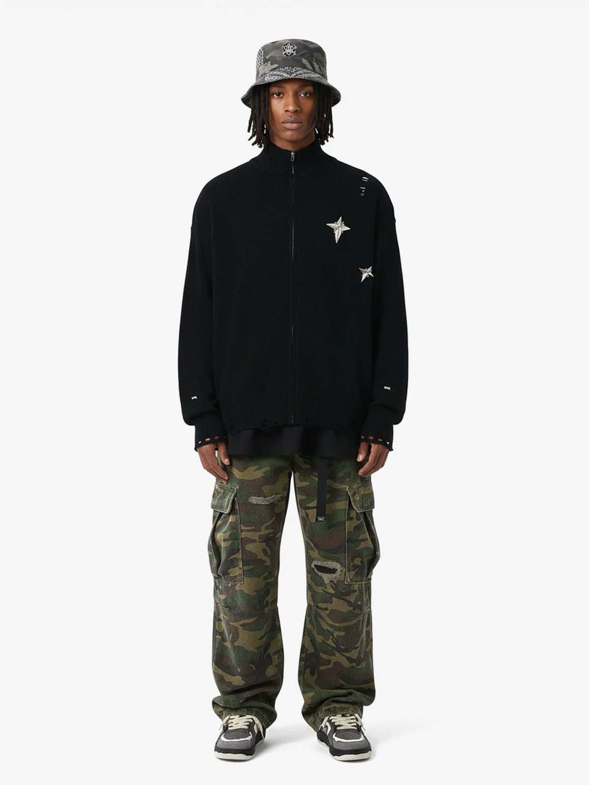 Woven Ripped Camouflage Flared Cargo Pants - 2410 - Image 3