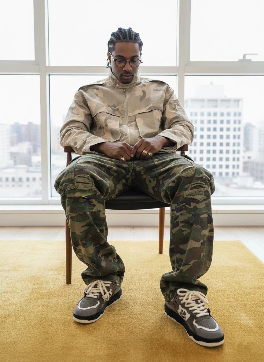 Woven Ripped Camouflage Flared Cargo Pants - 2410 - Image 4