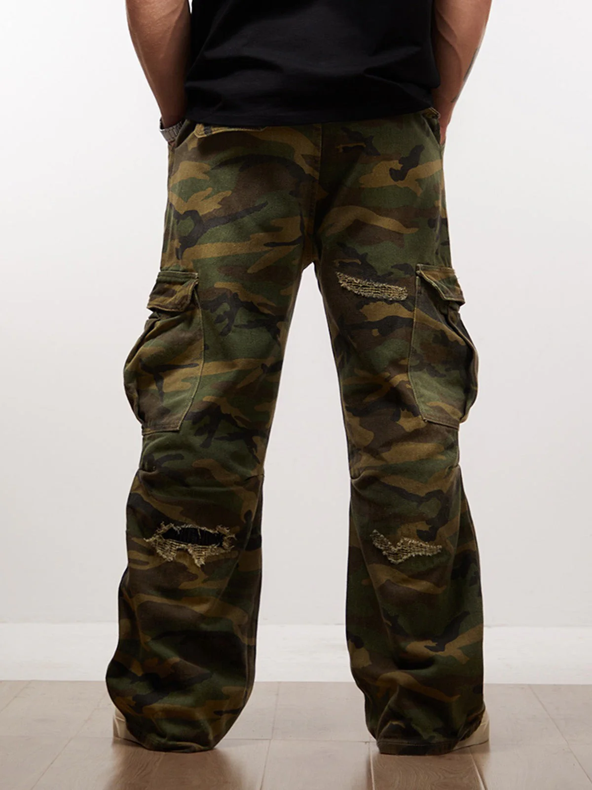 Woven Ripped Camouflage Flared Cargo Pants - 2410 - Image 6