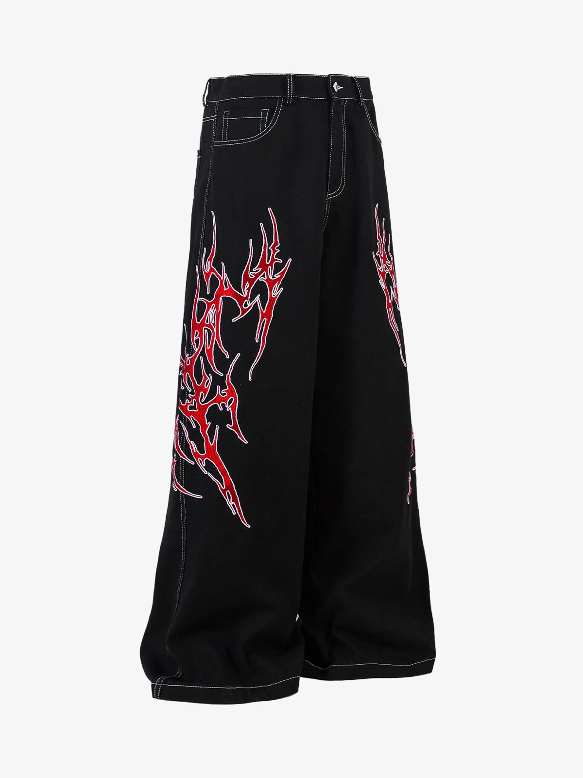 Contrast Flame Embroidered Baggy Jeans - 2364 - Image 3
