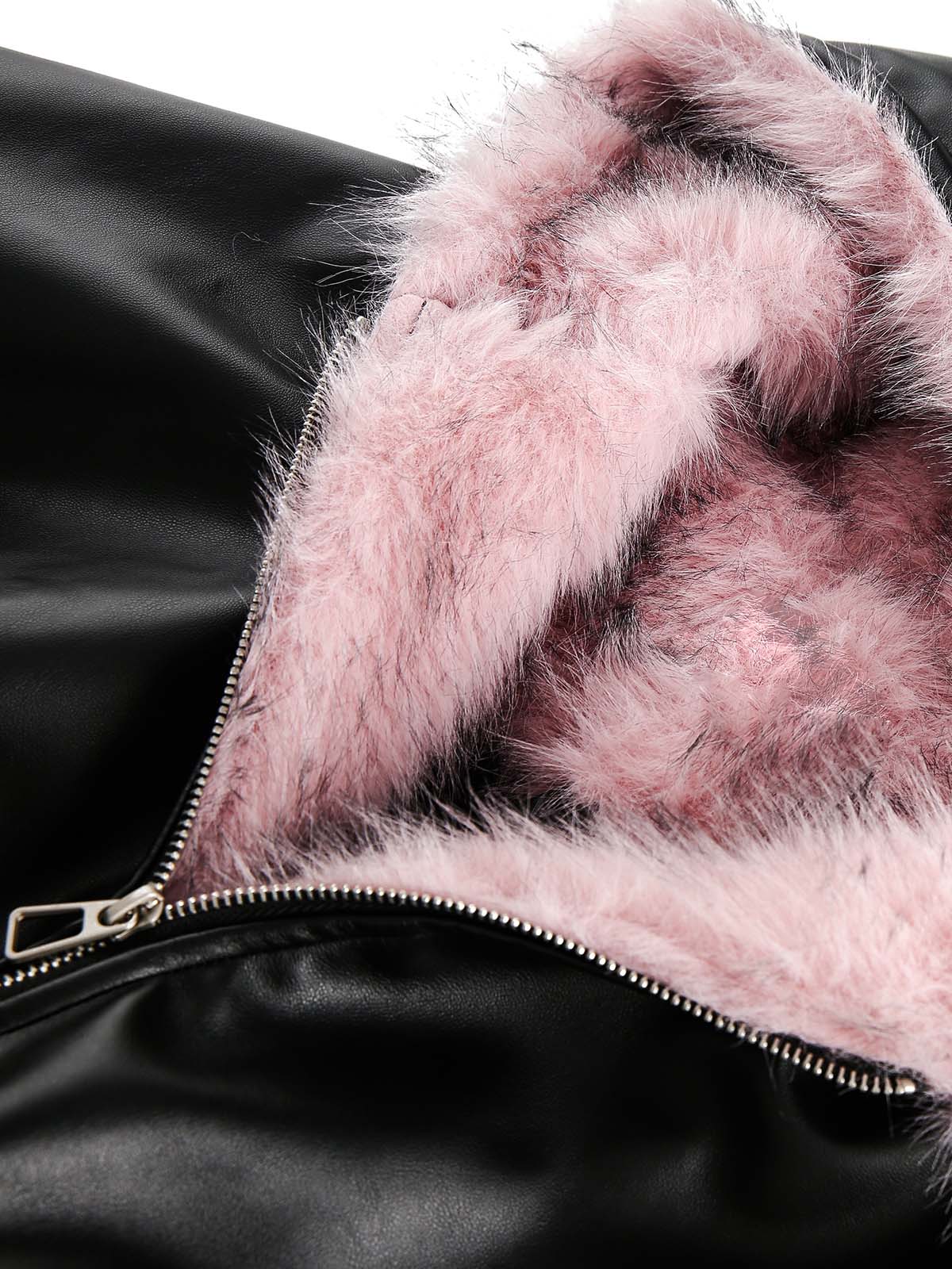 Leather Pink Fur Hooded Quilted Jacket - 2535 - Image 13