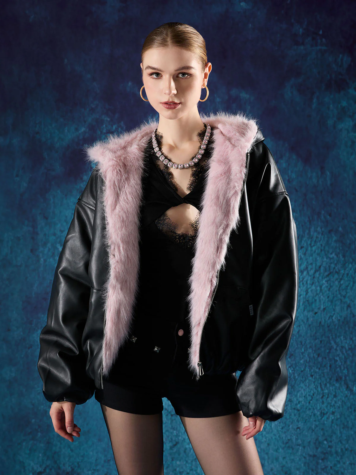 Leather Pink Fur Hooded Quilted Jacket - 2535 - Image 2