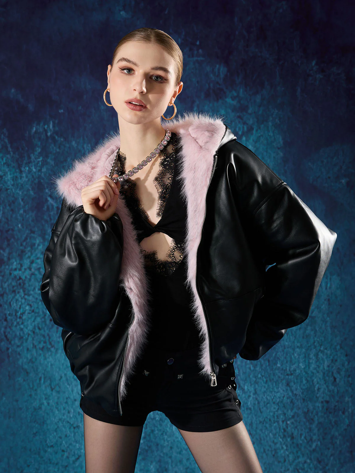 Leather Pink Fur Hooded Quilted Jacket - 2535 - Image 3