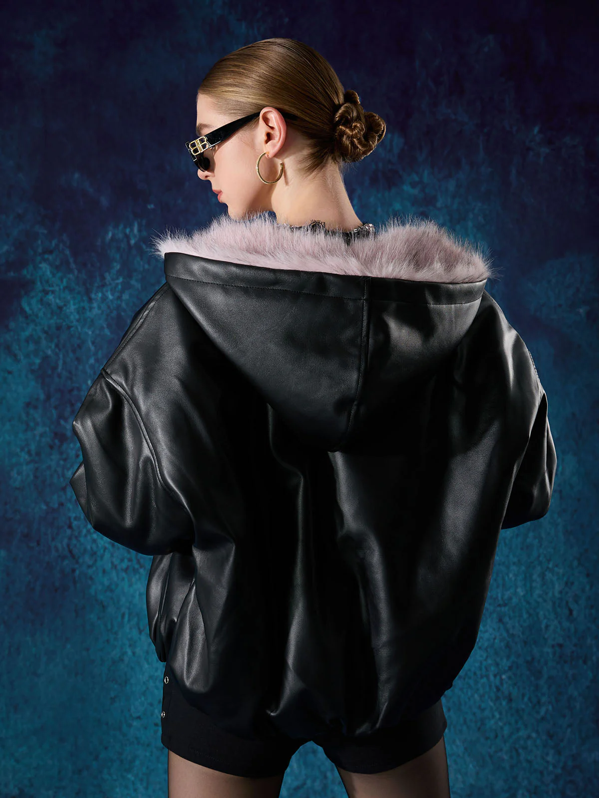 Leather Pink Fur Hooded Quilted Jacket - 2535 - Image 5
