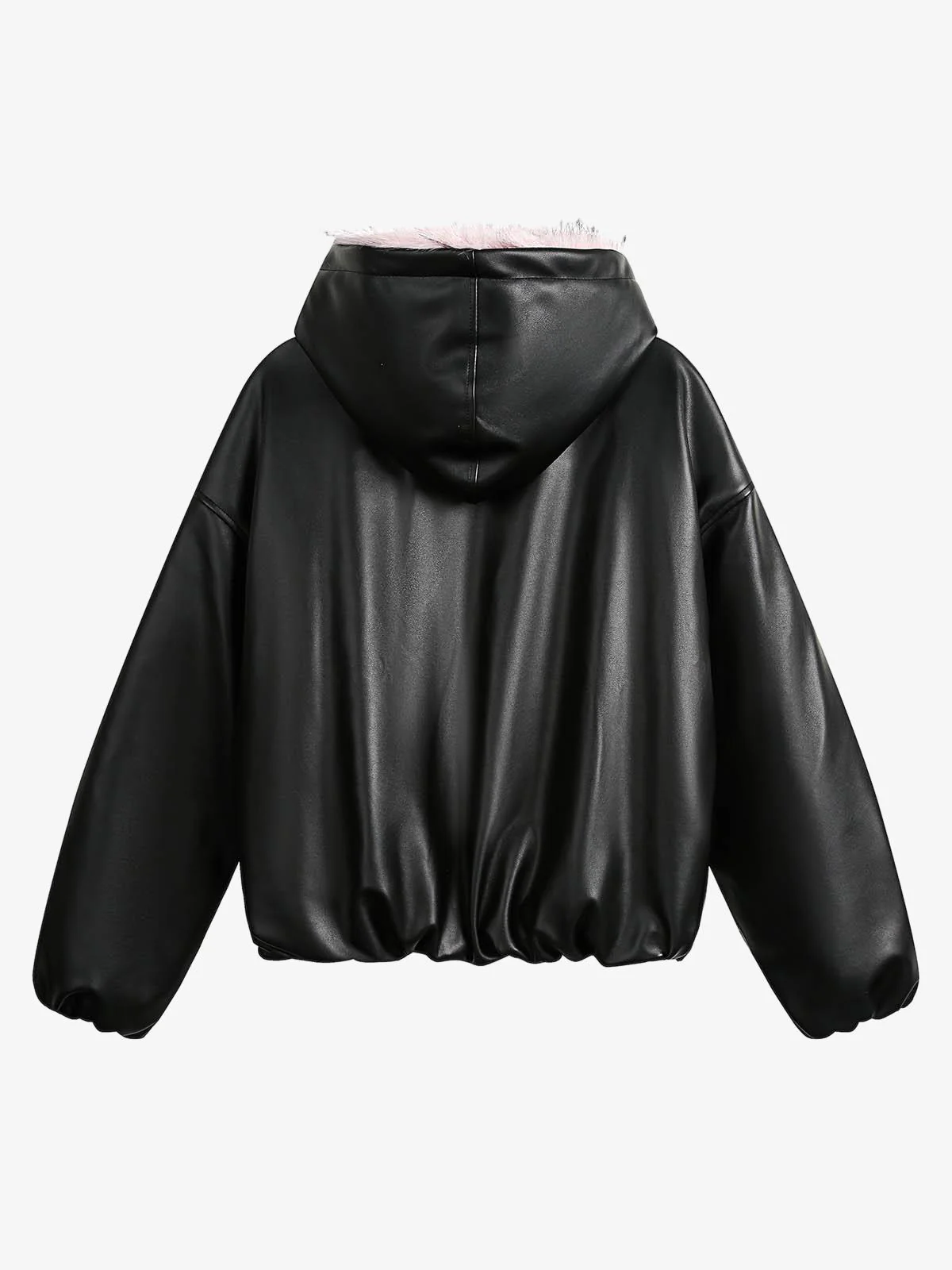 Leather Pink Fur Hooded Quilted Jacket - 2535 - Image 6