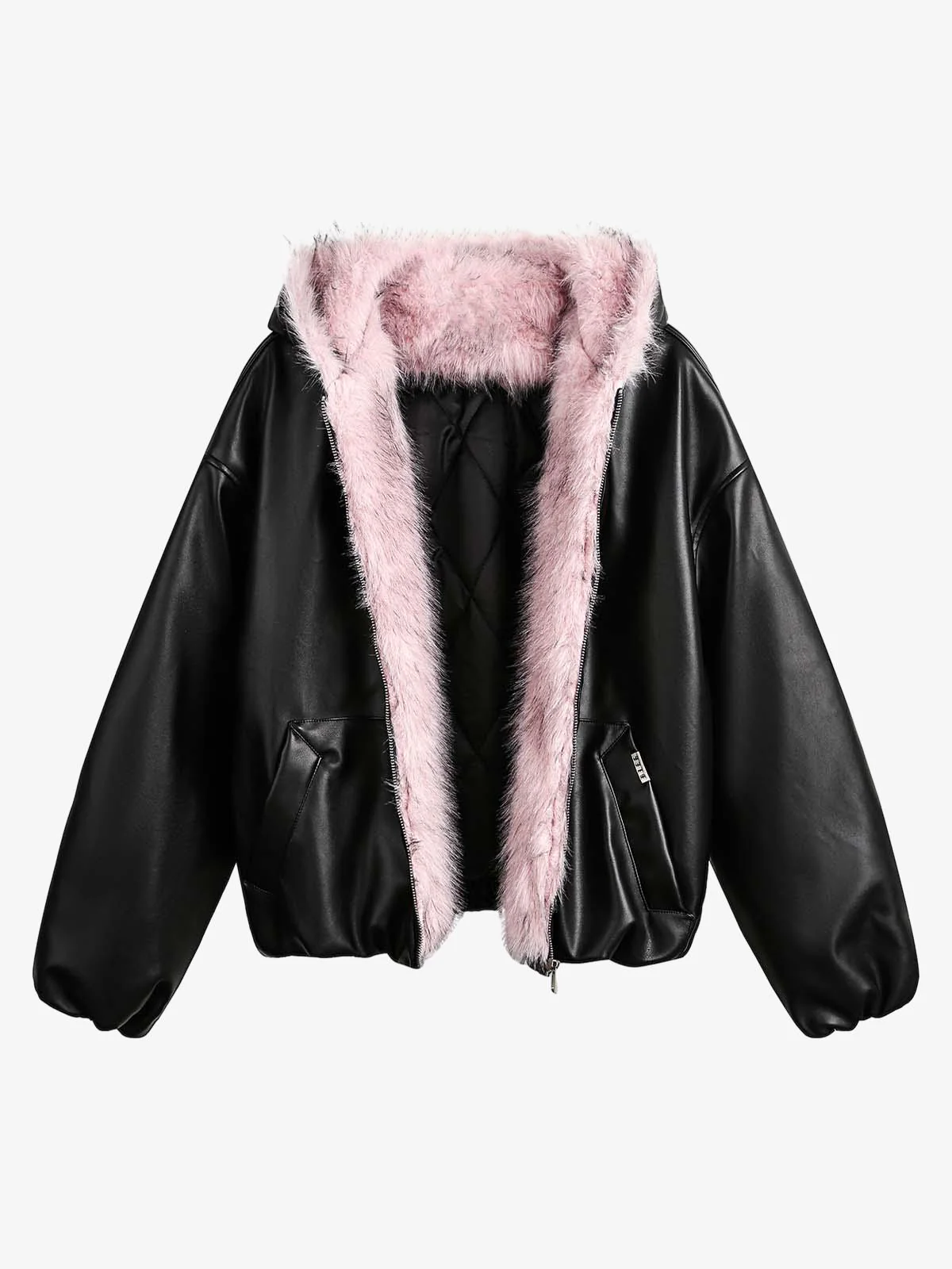 Leather Pink Fur Hooded Quilted Jacket - 2535 - Image 7
