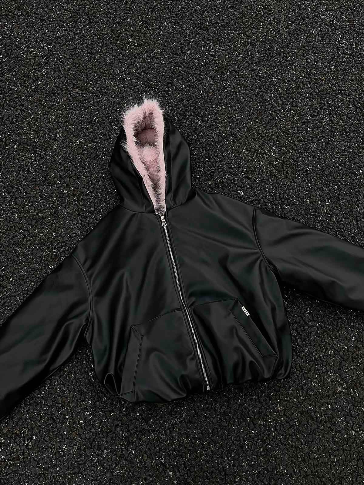 Leather Pink Fur Hooded Quilted Jacket - 2535 - Image 8