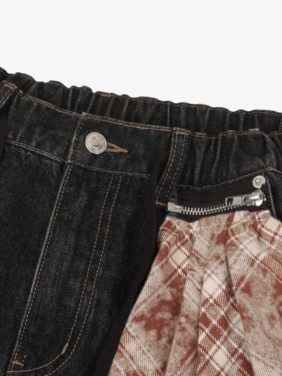 Patchwork Plaid Pleated Baggy Barrel Jeans - 2334 - Image 3