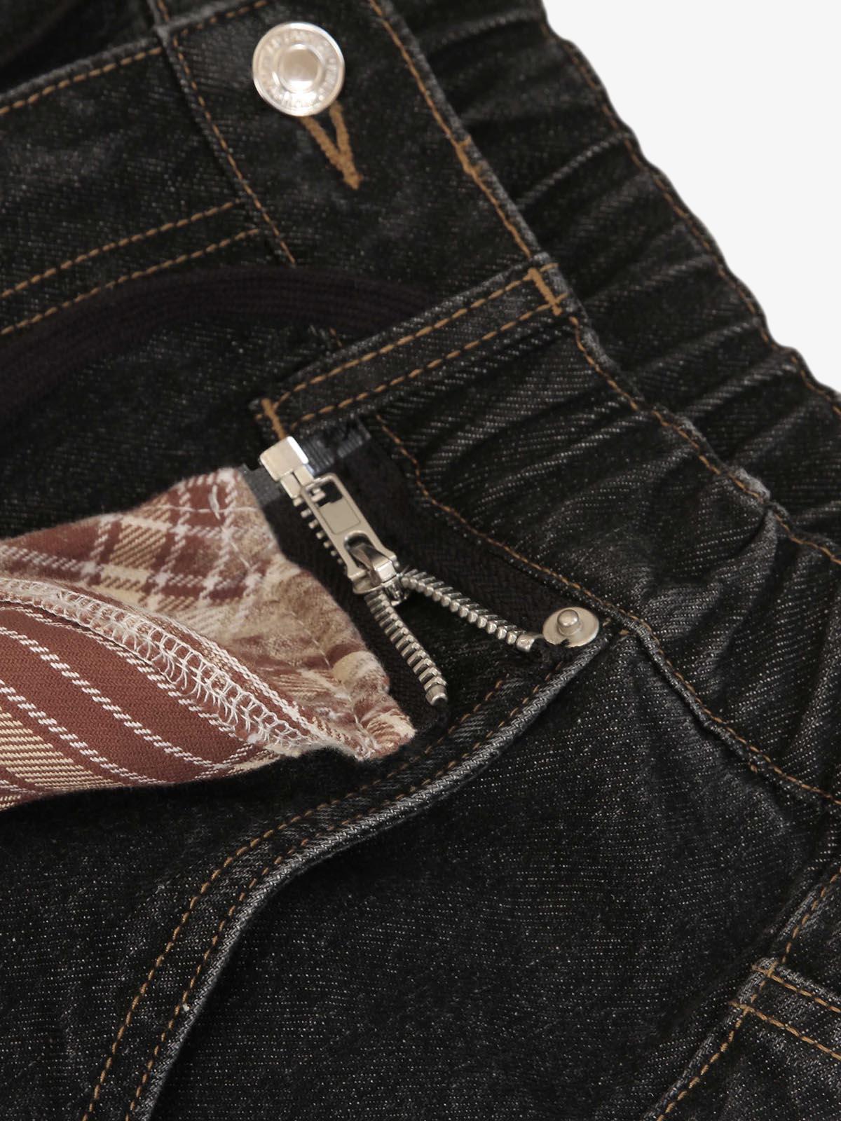 Patchwork Plaid Pleated Baggy Barrel Jeans - 2334 - Image 5