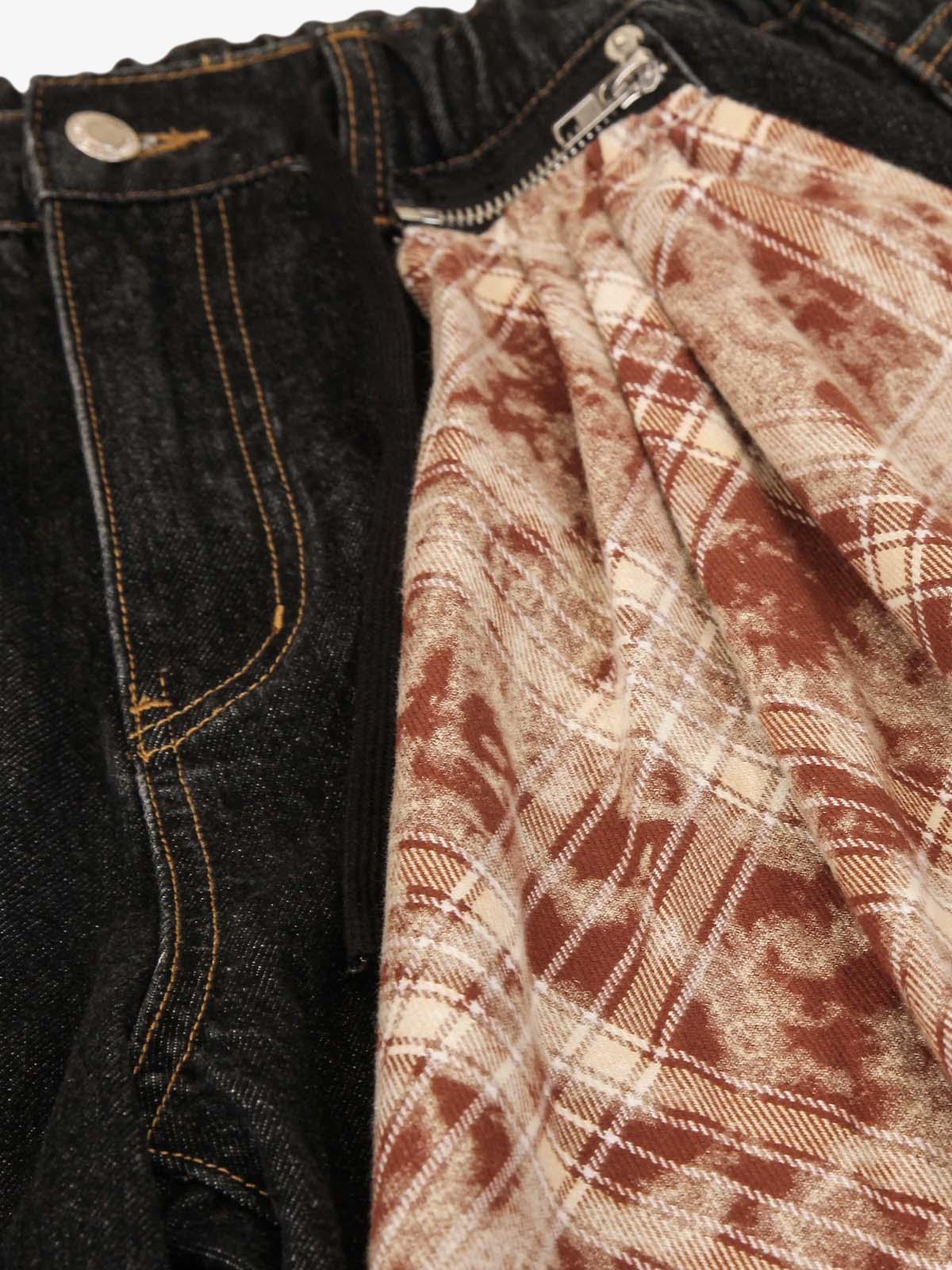 Patchwork Plaid Pleated Baggy Barrel Jeans - 2334 - Image 6