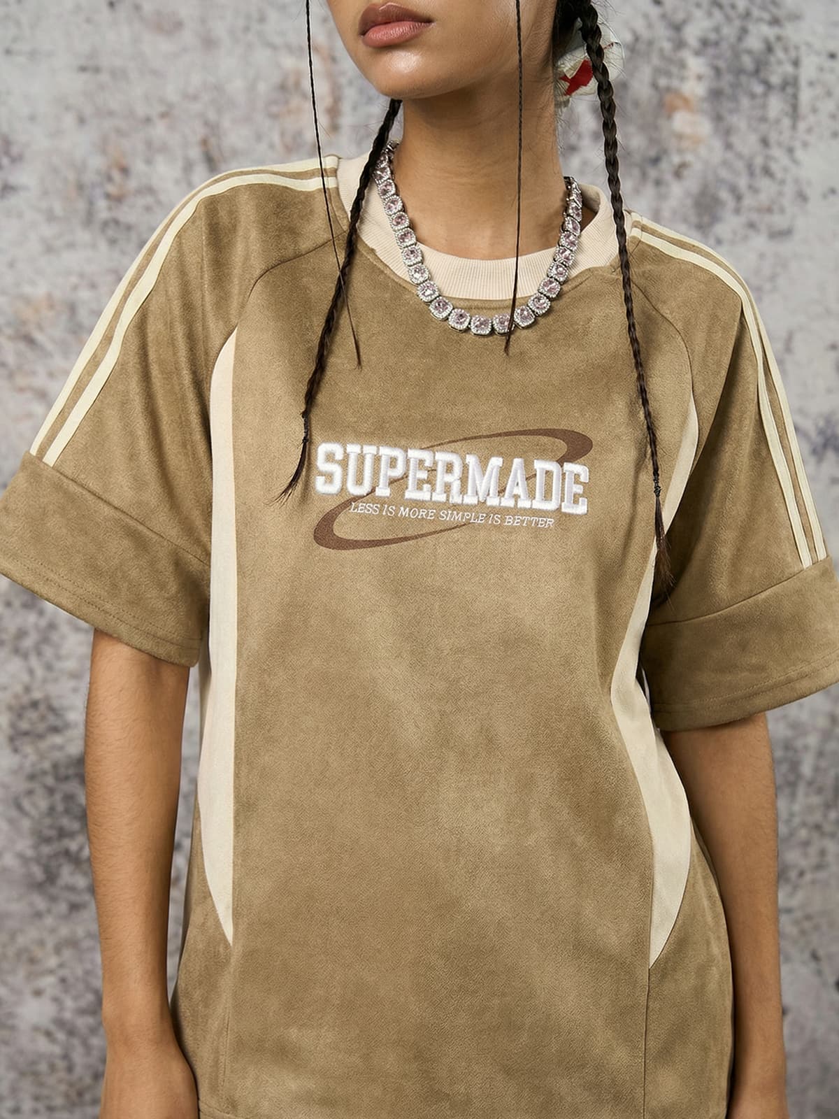 Suede Contrast Color Spliced Letter Embroidery Oversize T-shirt - 2462 - Image 12