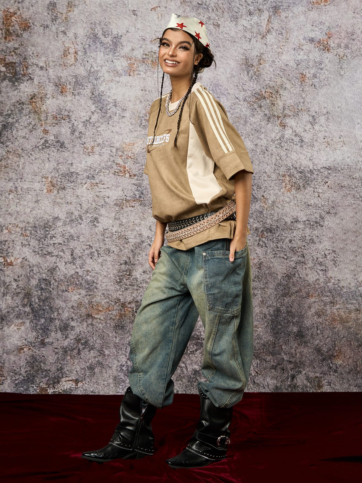 Suede Contrast Color Spliced Letter Embroidery Oversize T-shirt - 2462 - Image 13