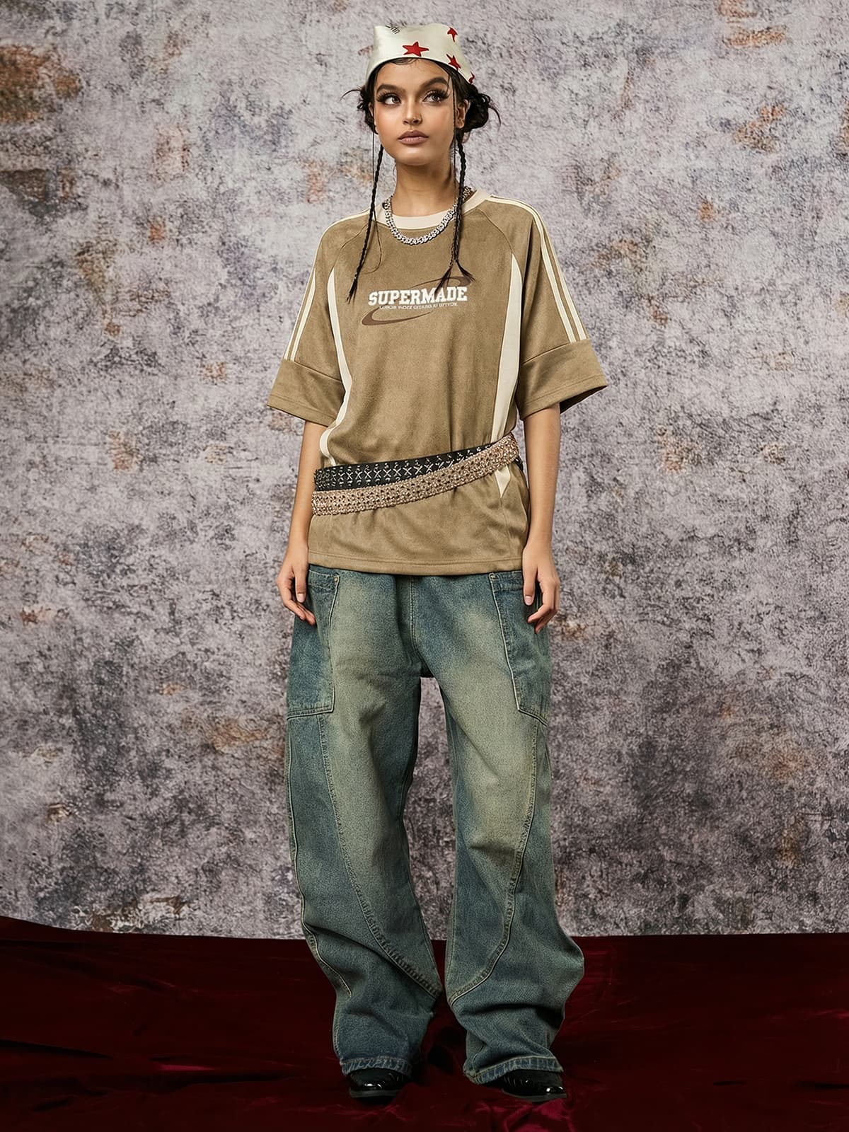Suede Contrast Color Spliced Letter Embroidery Oversize T-shirt - 2462 - Image 14