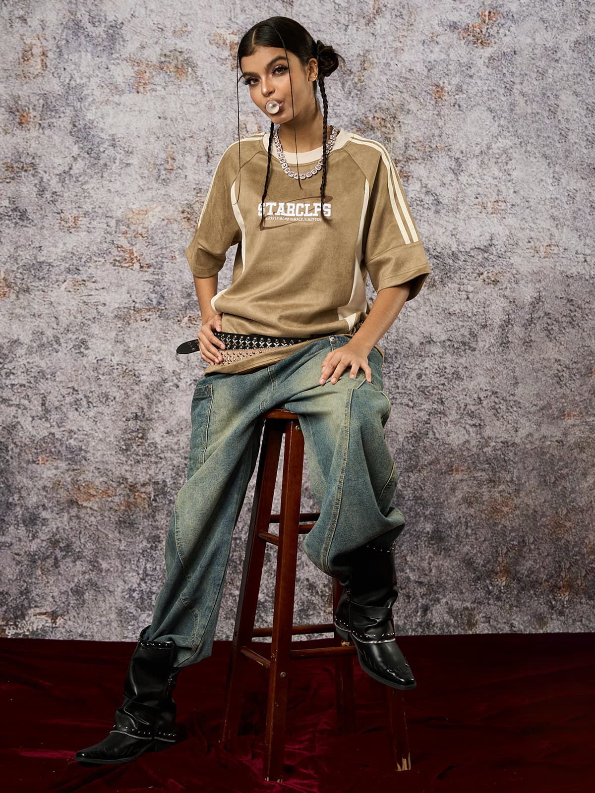 Suede Contrast Color Spliced Letter Embroidery Oversize T-shirt - 2462 - Image 16