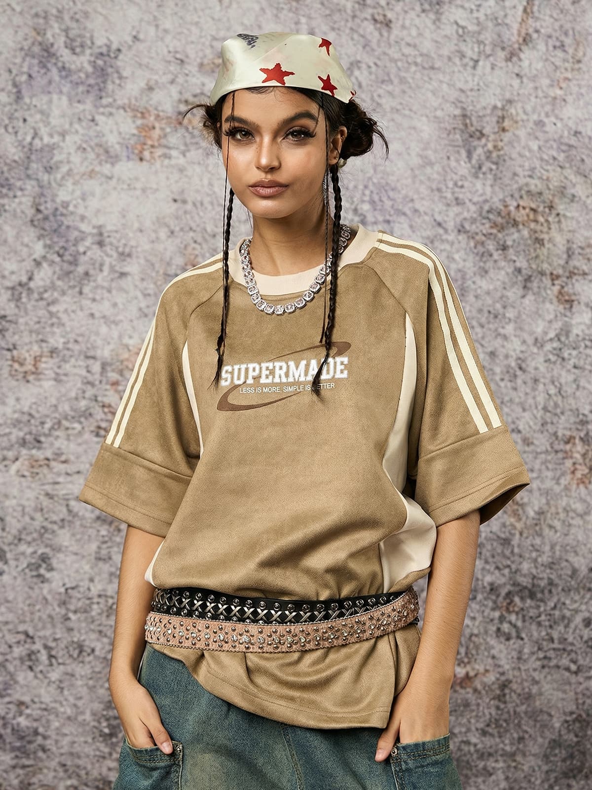 Suede Contrast Color Spliced Letter Embroidery Oversize T-shirt - 2462 - Image 7