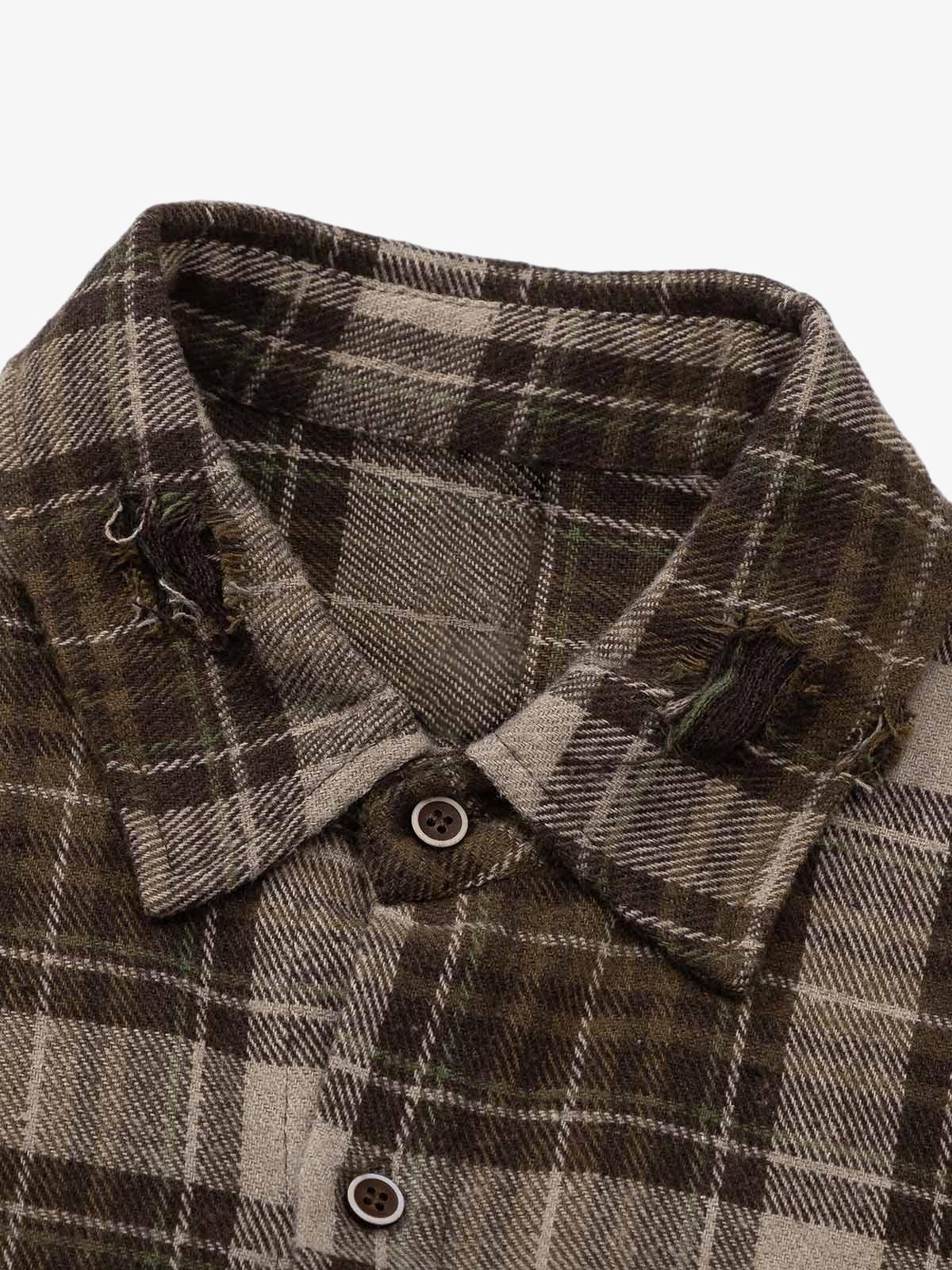 Retro Ripped Patchwork Long Sleeve Plaid Shirt - Image 3