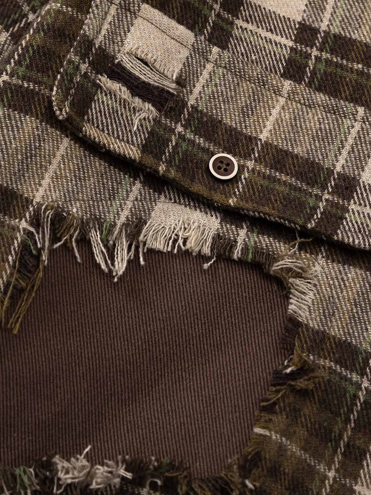 Retro Ripped Patchwork Long Sleeve Plaid Shirt - Image 6