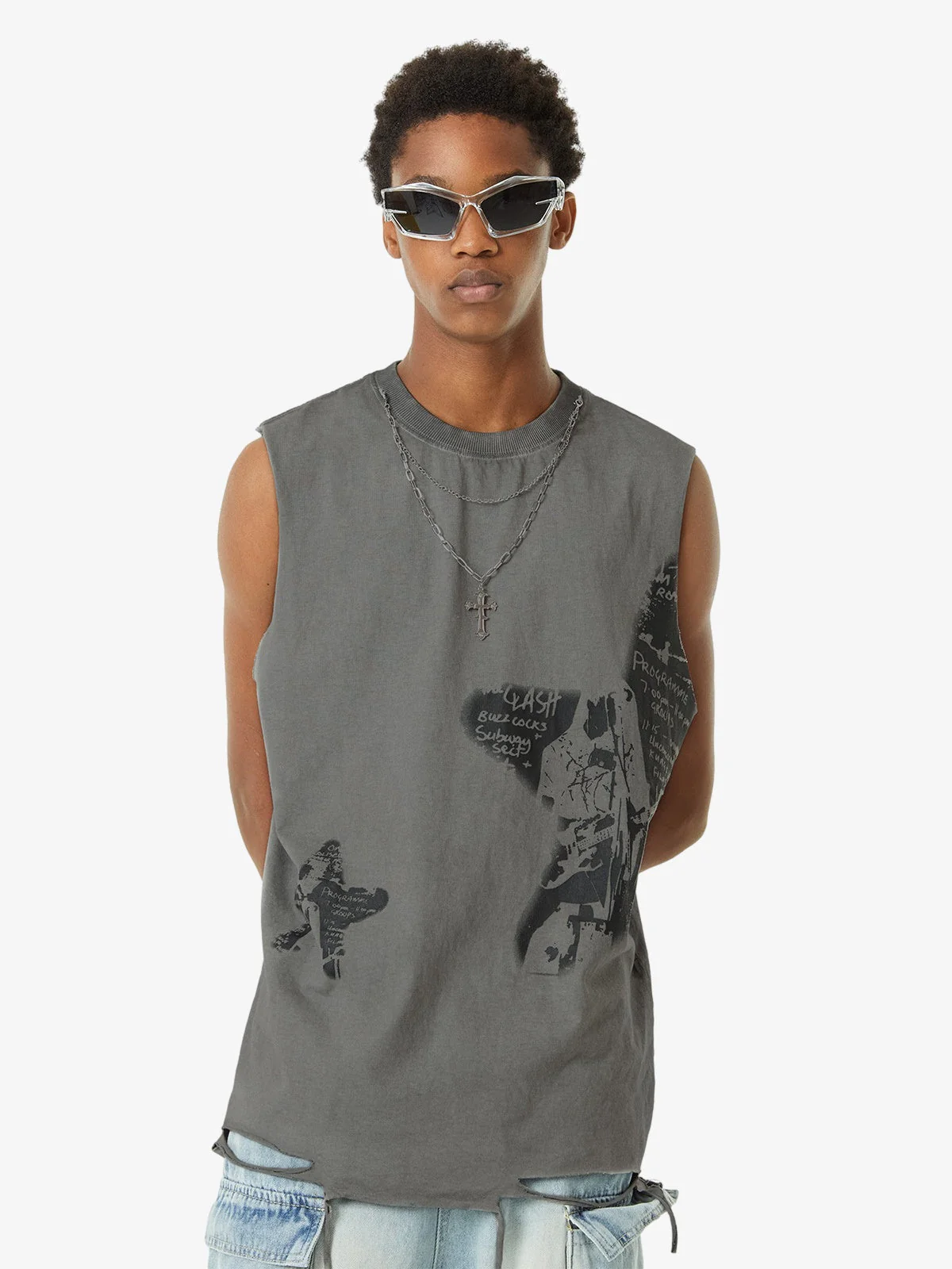 Thesupermade Vintage Necklace Star Print Hip-hop Tank Top - 2070 - Image 7