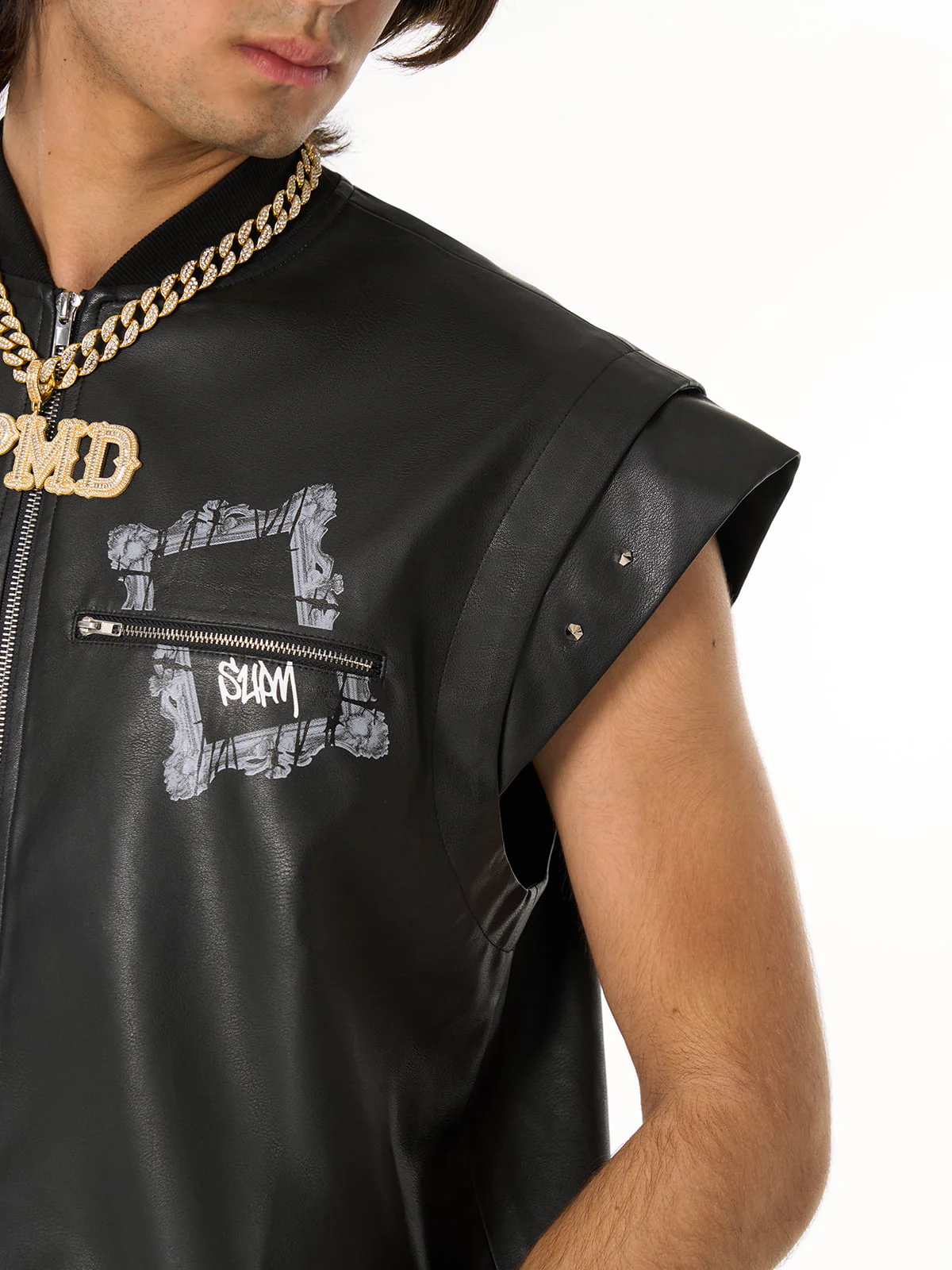 Thorn Destruction Frame Pattern Leather Vest - Image 13