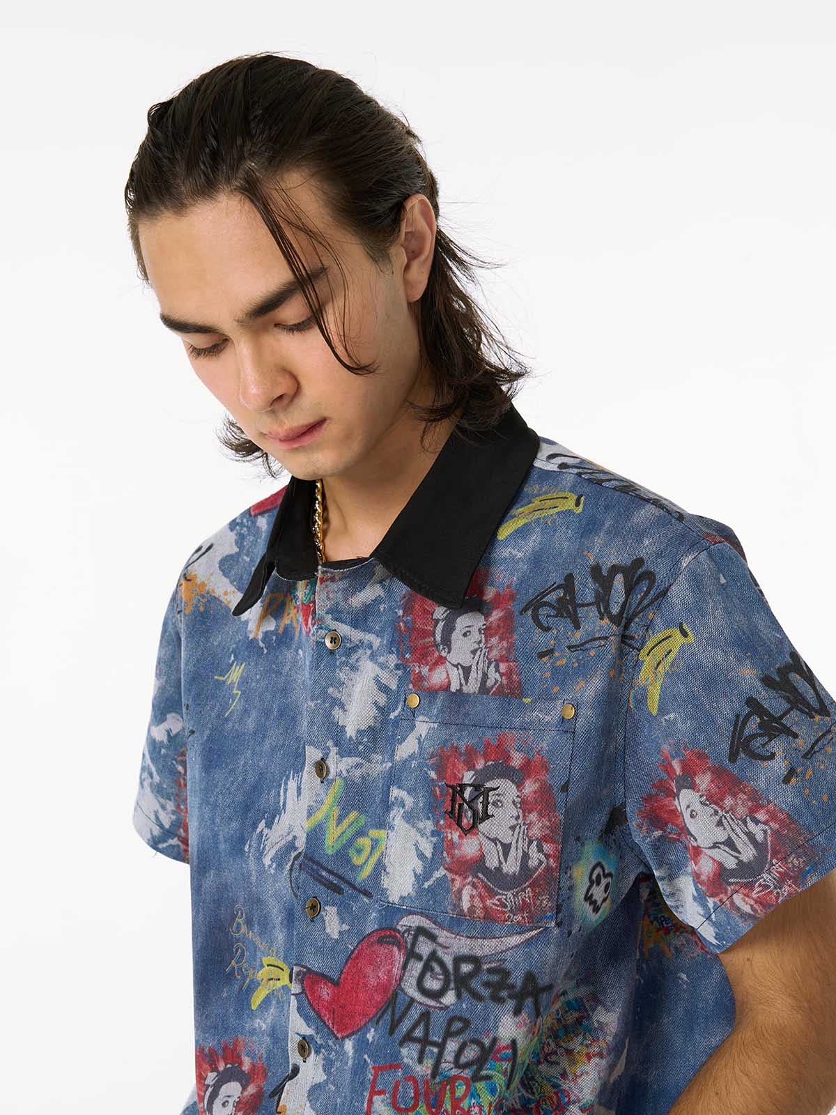 Tie-Dye Denim Graffiti Polo T-Shirt - Image 3