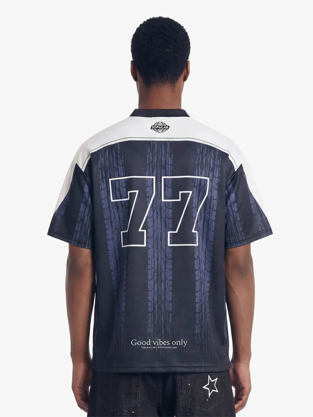 Tire Graphic “77” Patchwork Racing Blokecore V-Neck Jersey T-Shirt - Image 3