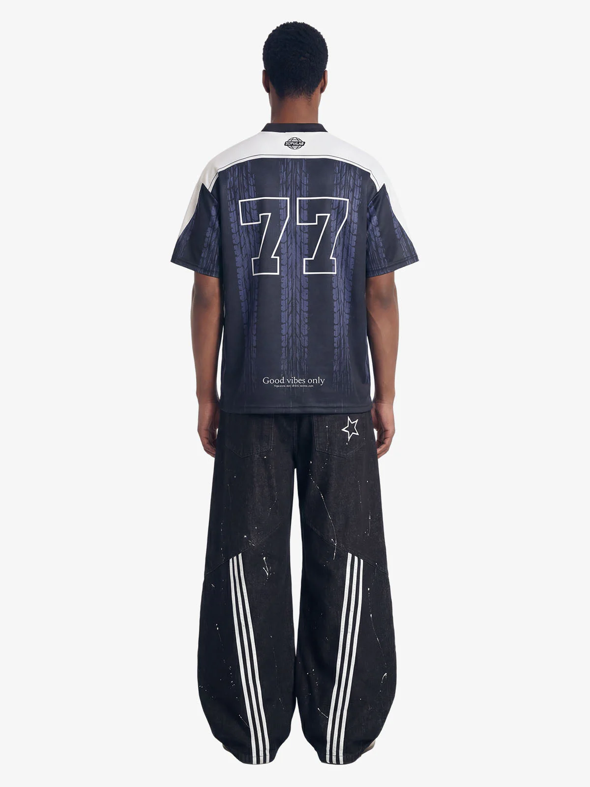 Tire Graphic “77” Patchwork Racing Blokecore V-Neck Jersey T-Shirt - Image 5