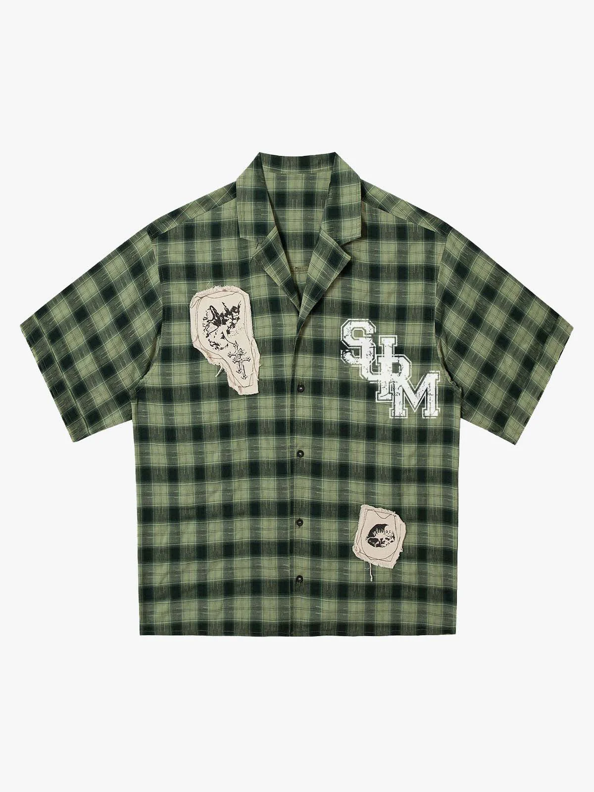 Plaid Applique Printed Short Sleeve Shirt - 2463 - Image 3
